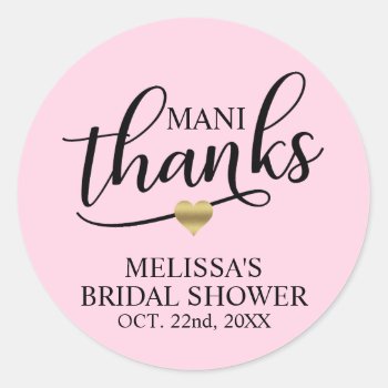 Mani Thanks Bridal Baby Shower Pink Nail Polish Classic Round Sticker by UniqueWeddingShop at Zazzle