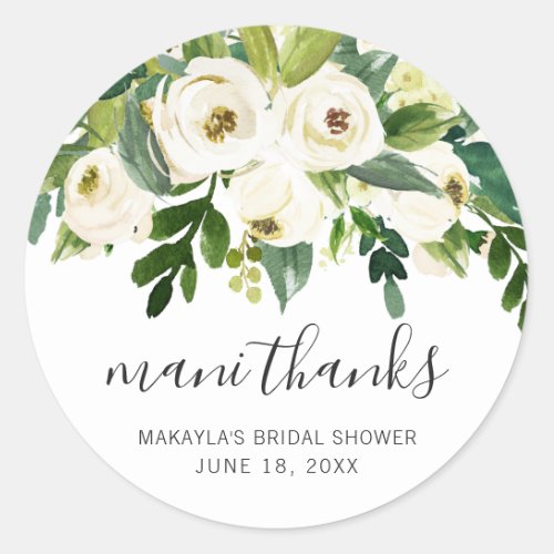 Mani Thanks Elegant White Floral Bridal Shower Classic Round Sticker