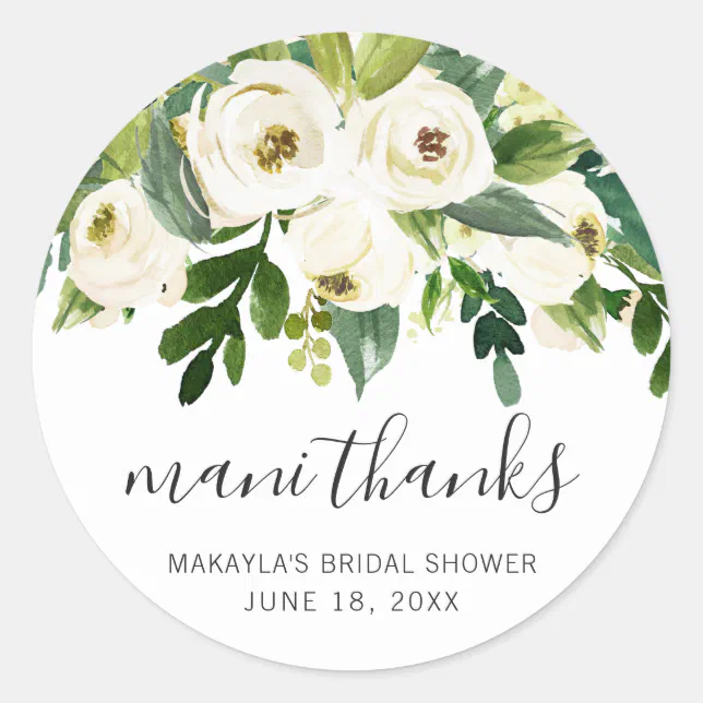 Mani Thanks Elegant White Floral Bridal Shower Classic Round Sticker ...