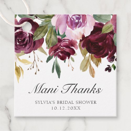 Mani Thanks Moody Plum Floral Bridal Shower Favor Tags