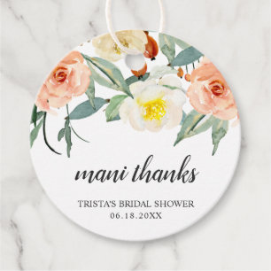 Mani Thanks Peach Watercolor Floral Bridal Shower Favor Tags