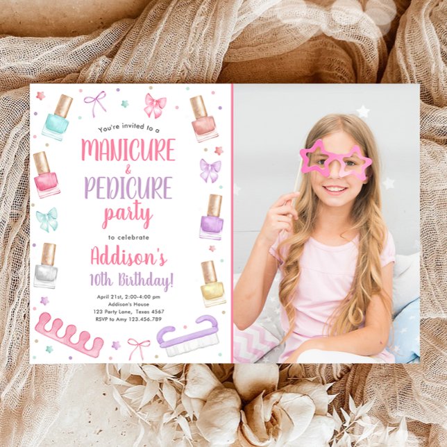 Manicure and Pedicure Bow Mani-Pedi Party Birthday Invitation (Creator Uploaded)