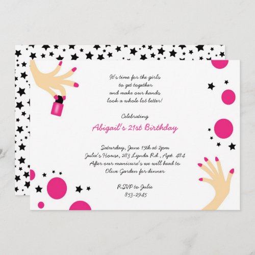 Manicure Invitations Pink Black Stars Birthday