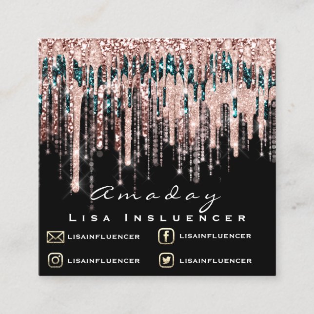 Manicure Nail Artist Drip Glitter Social Rose Blac Square Business Card (Front)