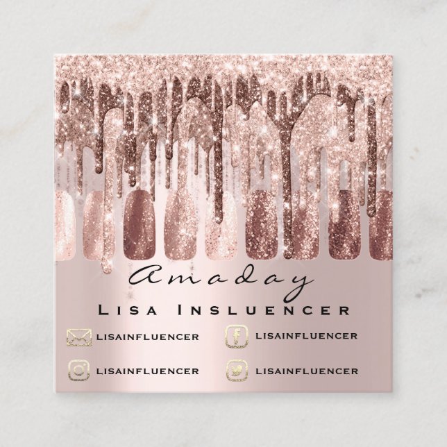 Manicure Nail Artist Drips Glitter Social Rose Square Business Card (Front)