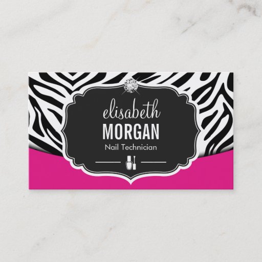 Customizable Manicurist Nail Technician Black Pink Zebra Print Business Card