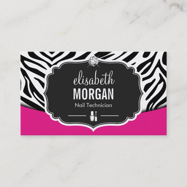 Manicurist Nail Technician Black Pink Zebra Print Business Card (Front)