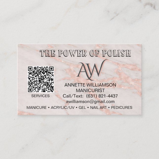 Manicurist Nail Technician Blush Rose Marble Business Card (Front)