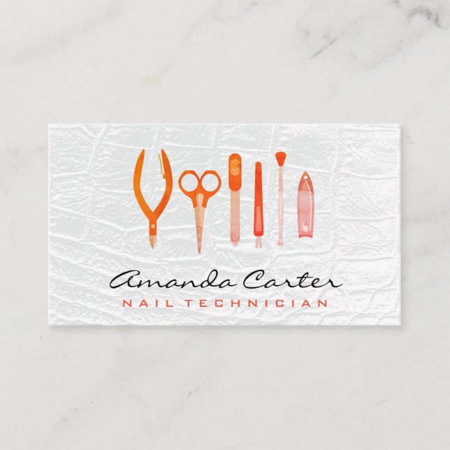 Manicurist Nail Tools | White Leather Background Business Card (Front)