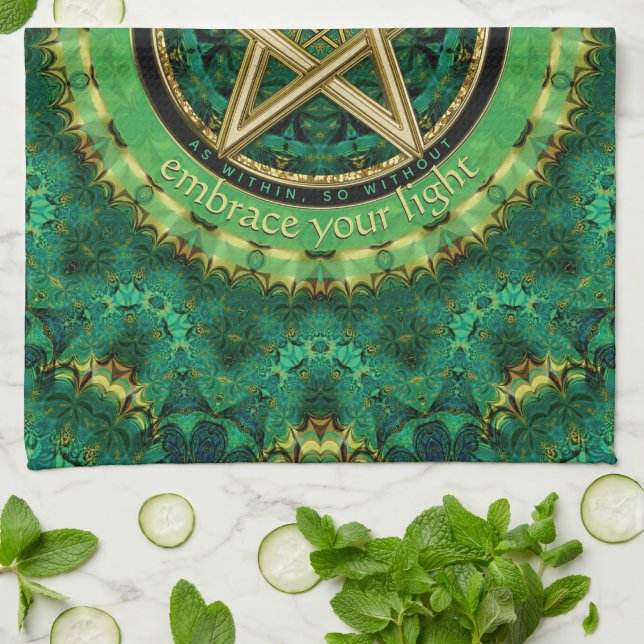 Manifest Your Magic Golden Pentacle Nature Green Kitchen Towel (Folded)