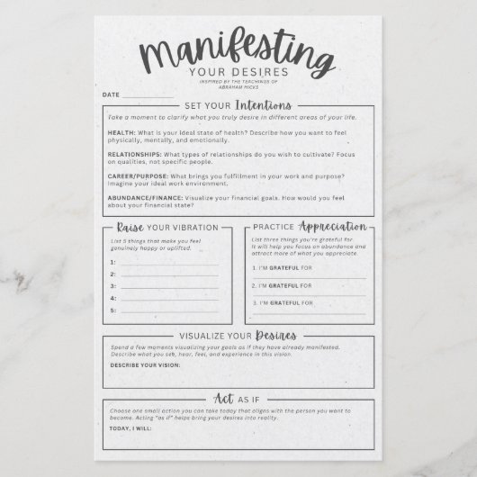 Manifestation Worksheet - Intentions Visualization (Front)