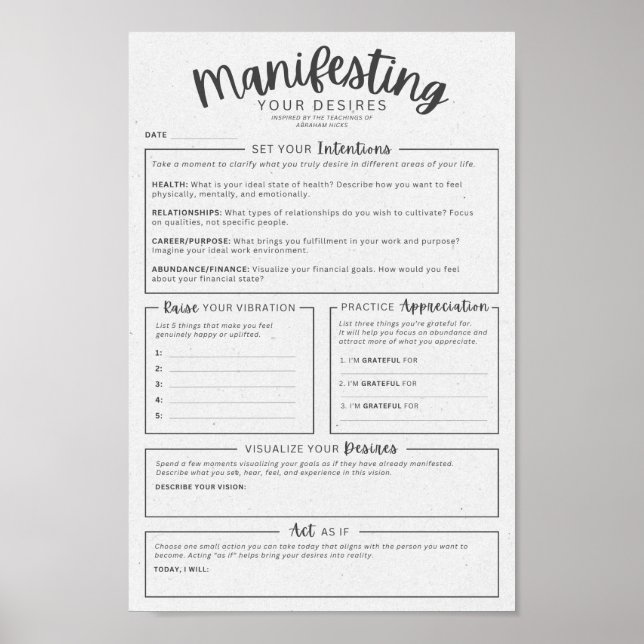 Manifestation Worksheet - Intentions Visualization Poster (Front)