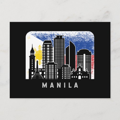 Manila NCR Skyline Vintage Philippines Flag Postcard