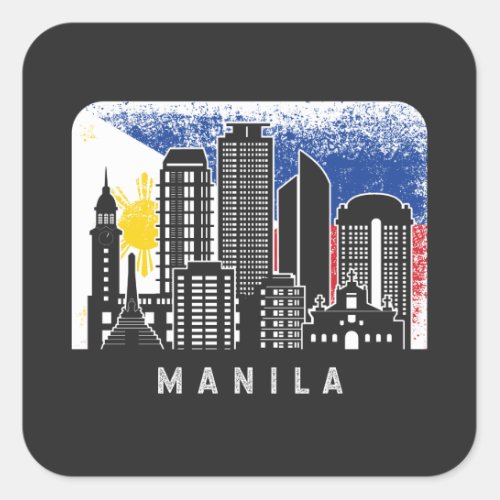 Manila NCR Skyline Vintage Philippines Flag Square Sticker