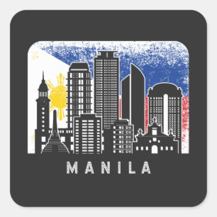 Manila NCR Skyline Vintage Philippines Flag Square Sticker