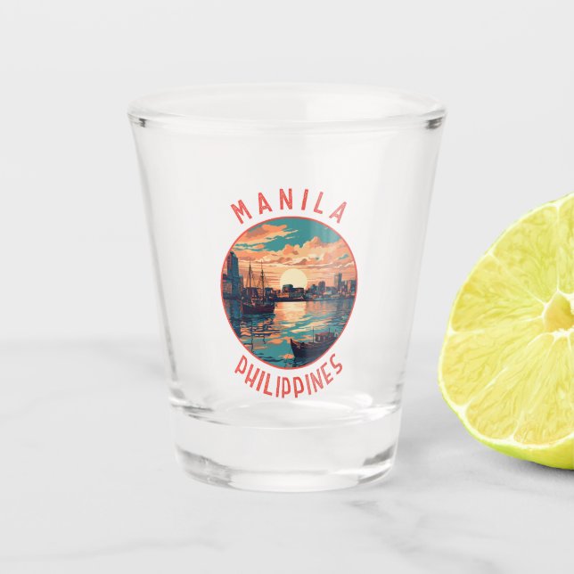 Manila Philippines Retro Distressed Circle Shot Glass (Front)