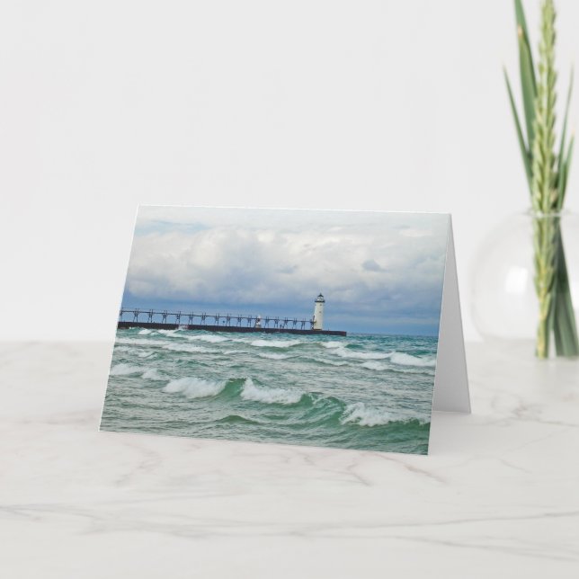 Manistee Lighthouse With High Waves Greeting Card (Front)