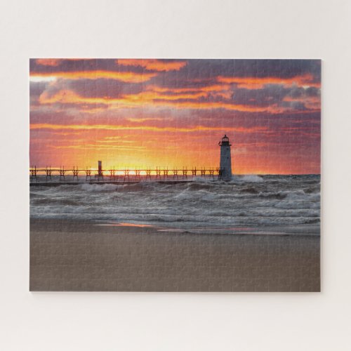 Manistee North Pierhead Lighthouse Sunset 2 Jigsaw Puzzle