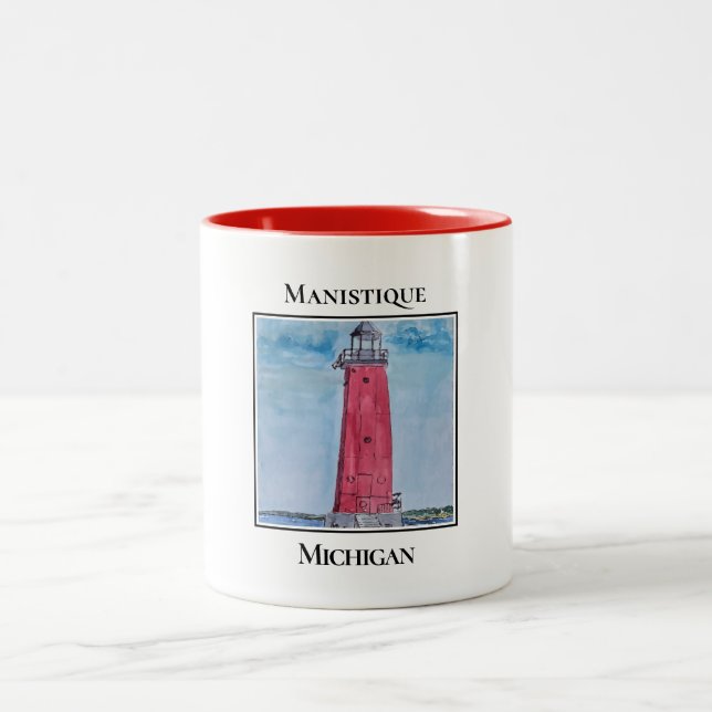 Manistique East Breakwater Lighthouse Two-Tone Coffee Mug (Center)