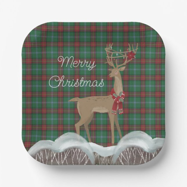 Manitoba Provincial Tartan and Christmas Deer  Paper Plates (Front)