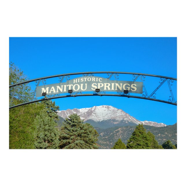 Manitou Springs Sign Framing Pikes Peak, Colorado (Front)