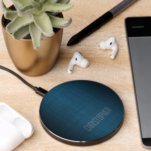 Manly Executive Design _ Black Blue Linen _ Name Wireless Charger