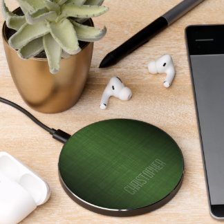 Manly Executive Design - Black Green Linen - Name Wireless Charger