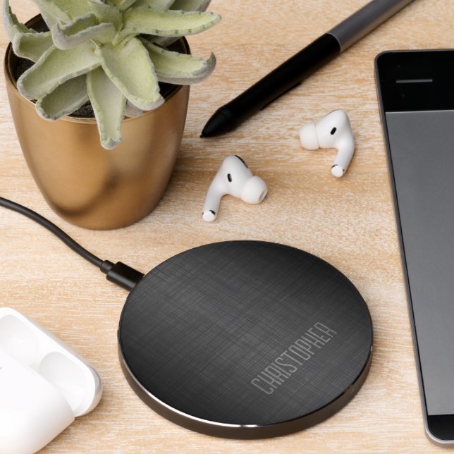 Manly Executive Design - Black Grey Linen - Name Wireless Charger (Desk 2)