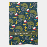 Manly Fisherman Pattern with Custom Name Towel