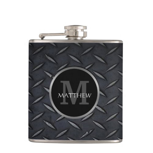 Manly Grunge Diamond Plate Design Name Monogram Flask