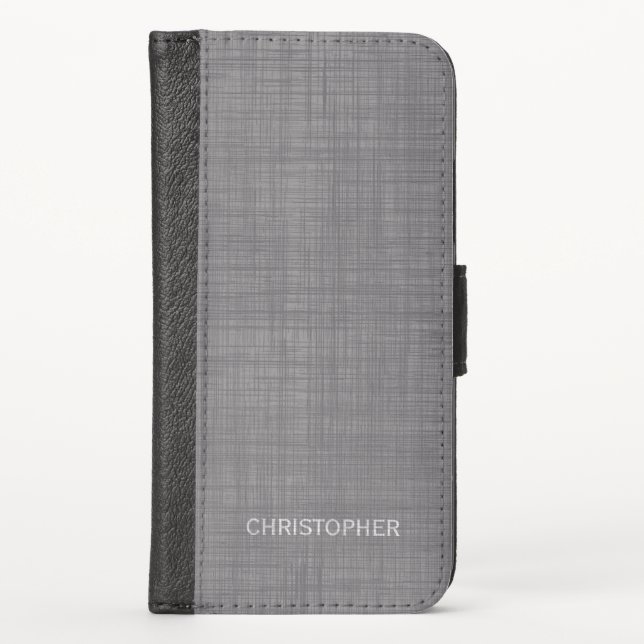 Manly Linen Look with Gray Personalized Name iPhone Wallet Case (Front)