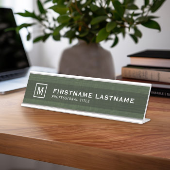 Manly Linen Look With Name Title Monogram Green Desk Name Plate by icases at Zazzle