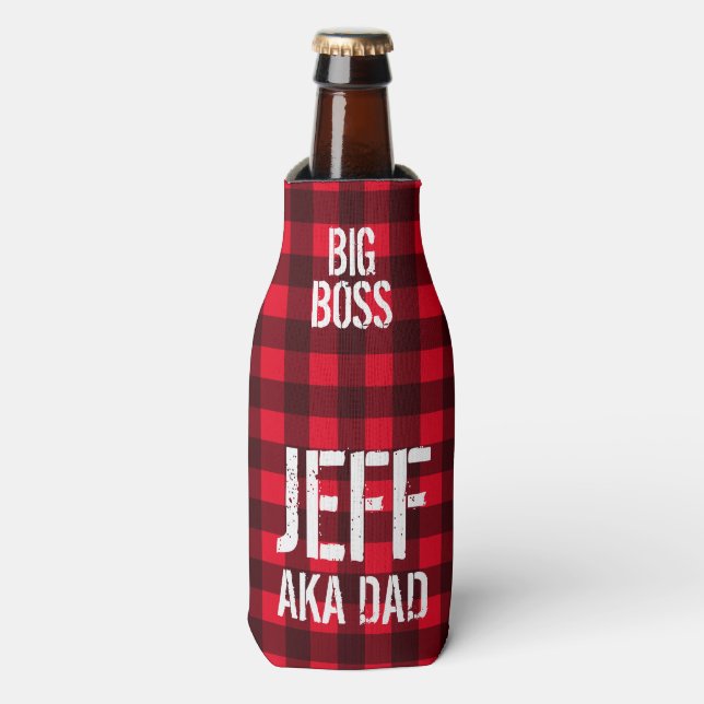 Manly red and black lumberjack check buffalo plaid bottle cooler (Bottle Front)