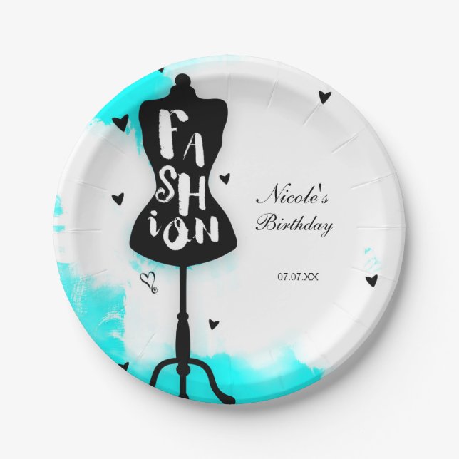 Mannequin Stand FASHION Aqua & White with Hearts Paper Plates (Front)