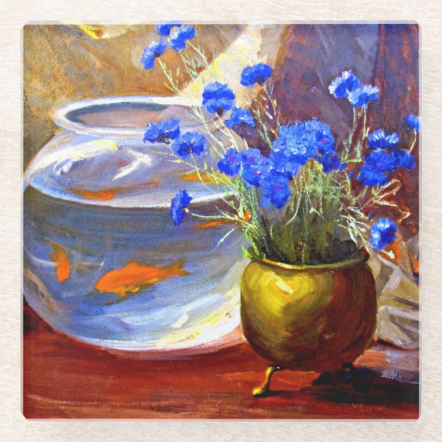 Mannheim - Goldfish Bowl and Flowers Glass Coaster (Front)