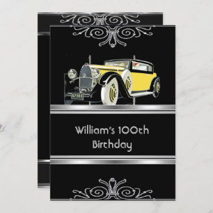 Mans 100th Birthday Party Black Vintage Car Invitation