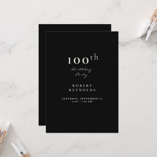 Man's 100th Birthday Party Simple Black Invitation (Front/Back In Situ)
