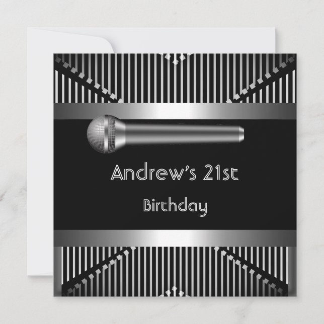 Man's 21st Birthday Party Black Metal Microphone Invitation (Front)