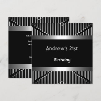 Man's 21st Birthday Party Silver Black Metal Jewel Invitation