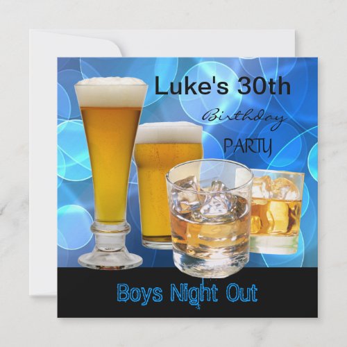 Mans 30th Birthday Blue Drinks Beer Boys Night Invitation