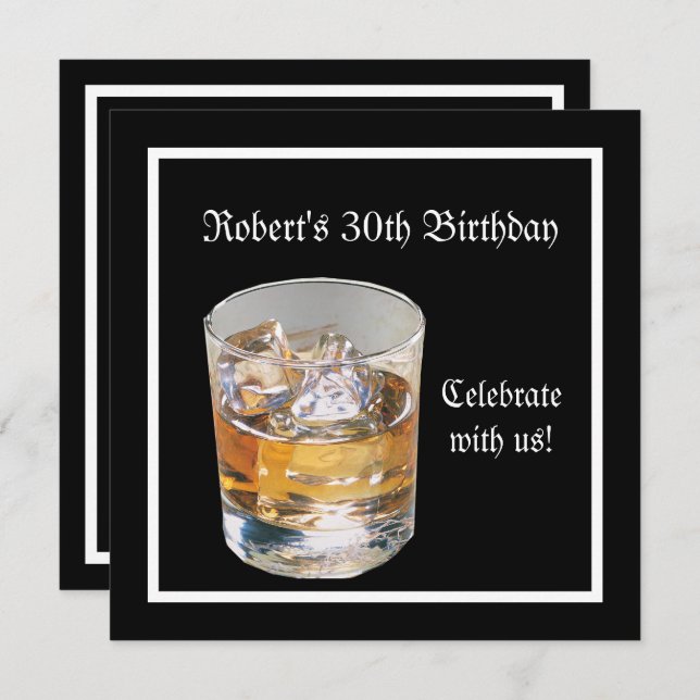 Mans 30th Birthday Party Black Silver Drinks Invitation (Front/Back)