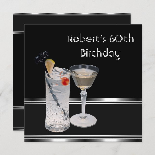 Mans 60th Birthday Party Black Silver Drinks Invitation (Front/Back)