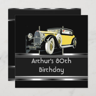 Mans 80th Birthday Party Black Vintage Car Invitation
