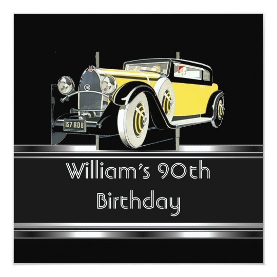 Mans 90th Birthday Party Black Vintage Car Card