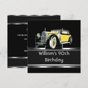 Mans 90th Birthday Party Black Vintage Car Invitation