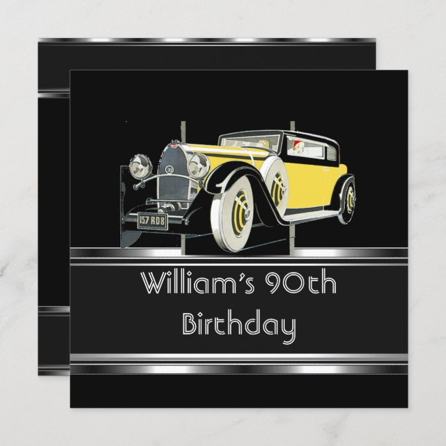 Mans 90th Birthday Party Black Vintage Car Invitation (Front/Back)