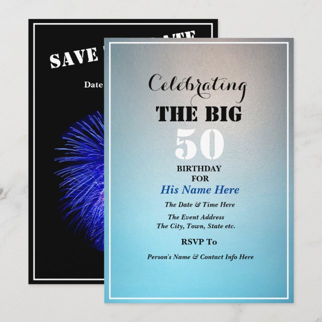 Man's Birthday Celebrating the Big Number Blue Invitation (Front/Back)