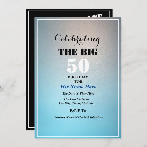 Mans Birthday Celebrating the Big Number Blue Invitation