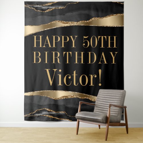 Mans Birthday Party Backdrop Black Gold Agate