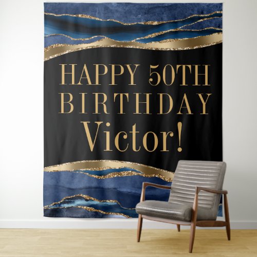 Mans Birthday Party Backdrop Blue Gold Agate